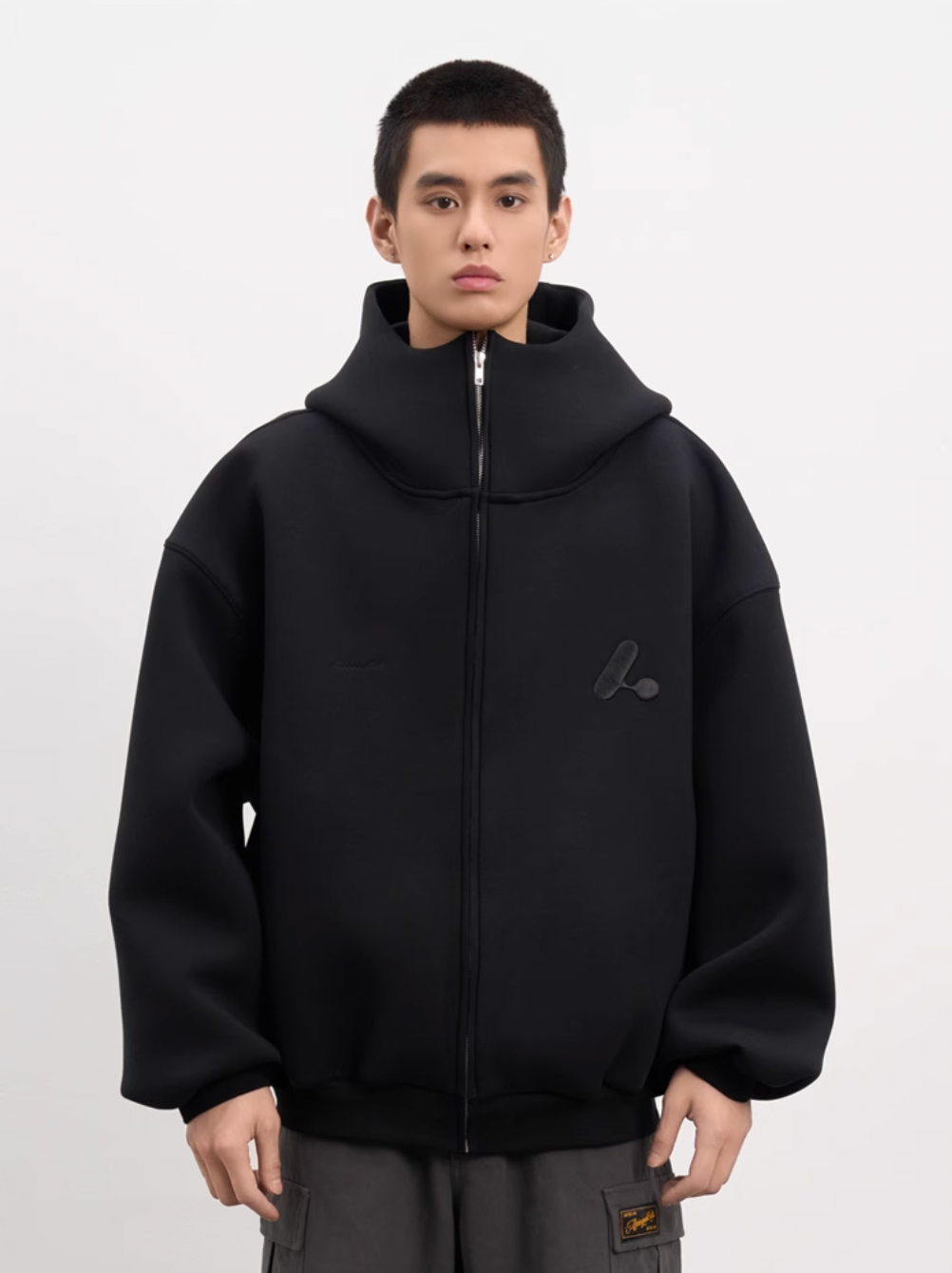 AFGK Air Layer High Collar Embroidered Oversized Zip-Up Hoodie