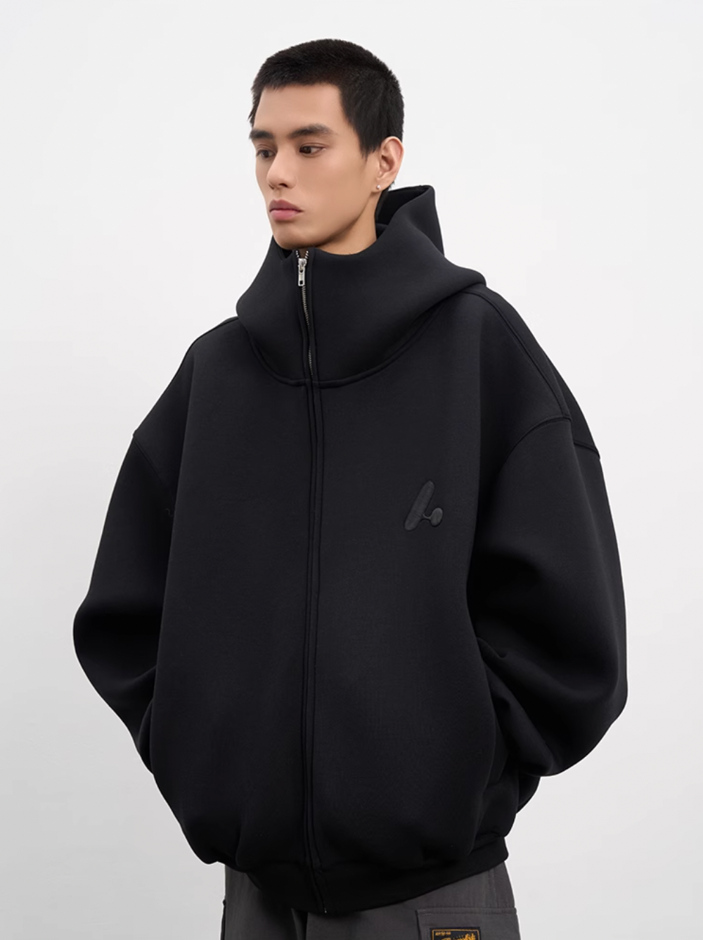 AFGK Air Layer High Collar Embroidered Oversized Zip-Up Hoodie