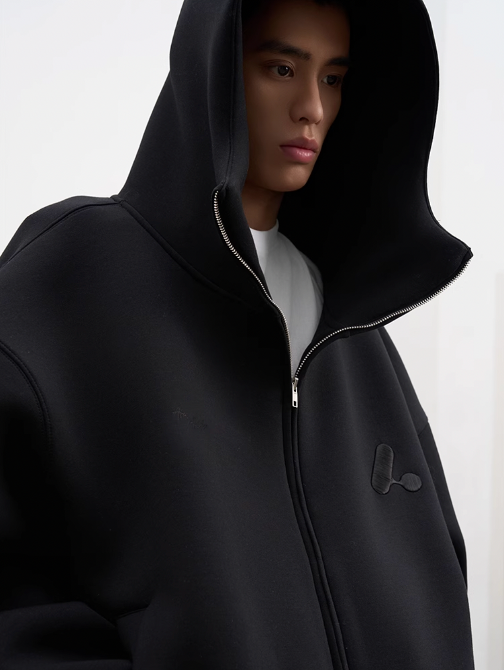 AFGK Air Layer High Collar Embroidered Oversized Zip-Up Hoodie
