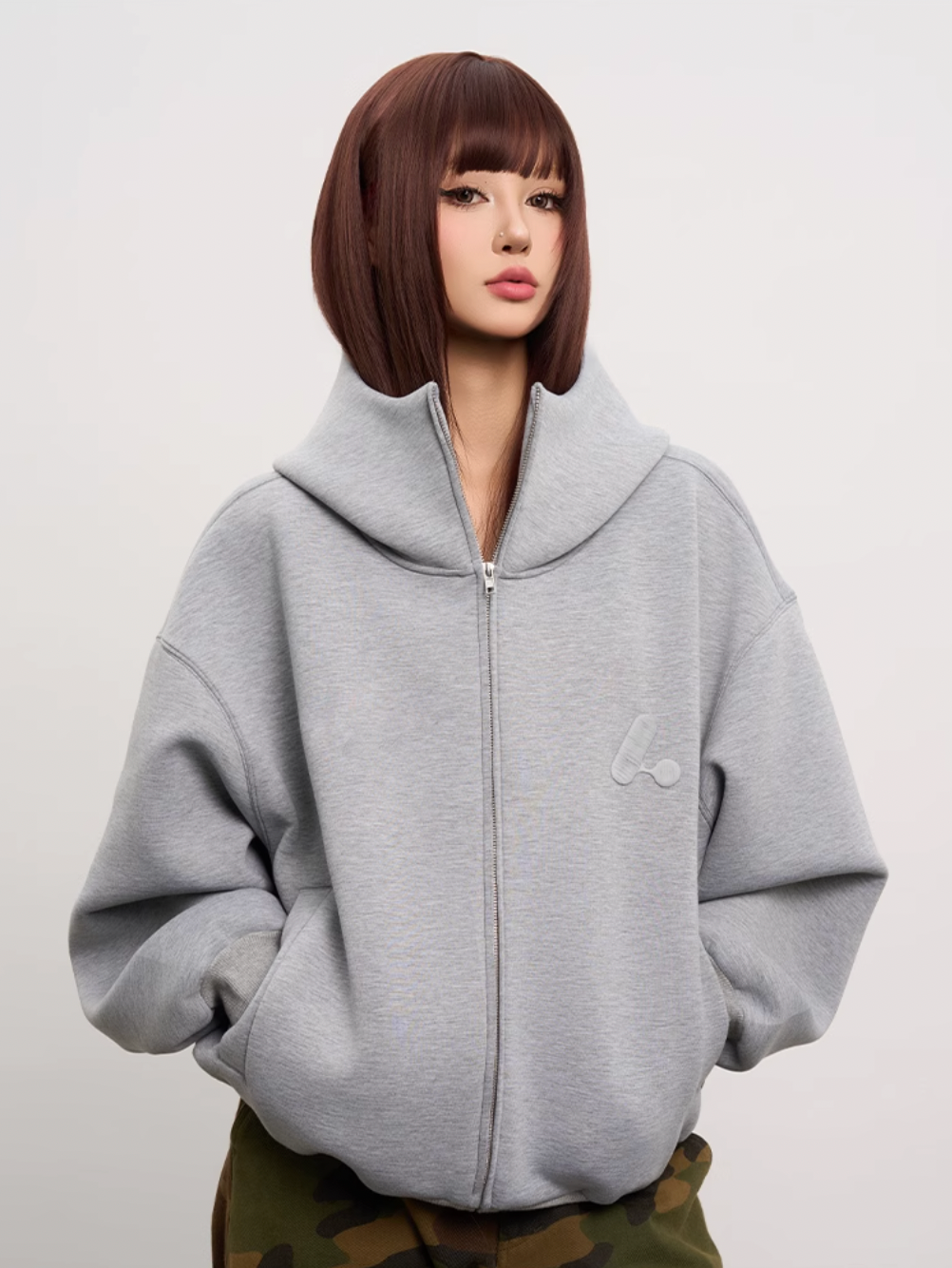 AFGK Air Layer High Collar Embroidered Oversized Zip-Up Hoodie