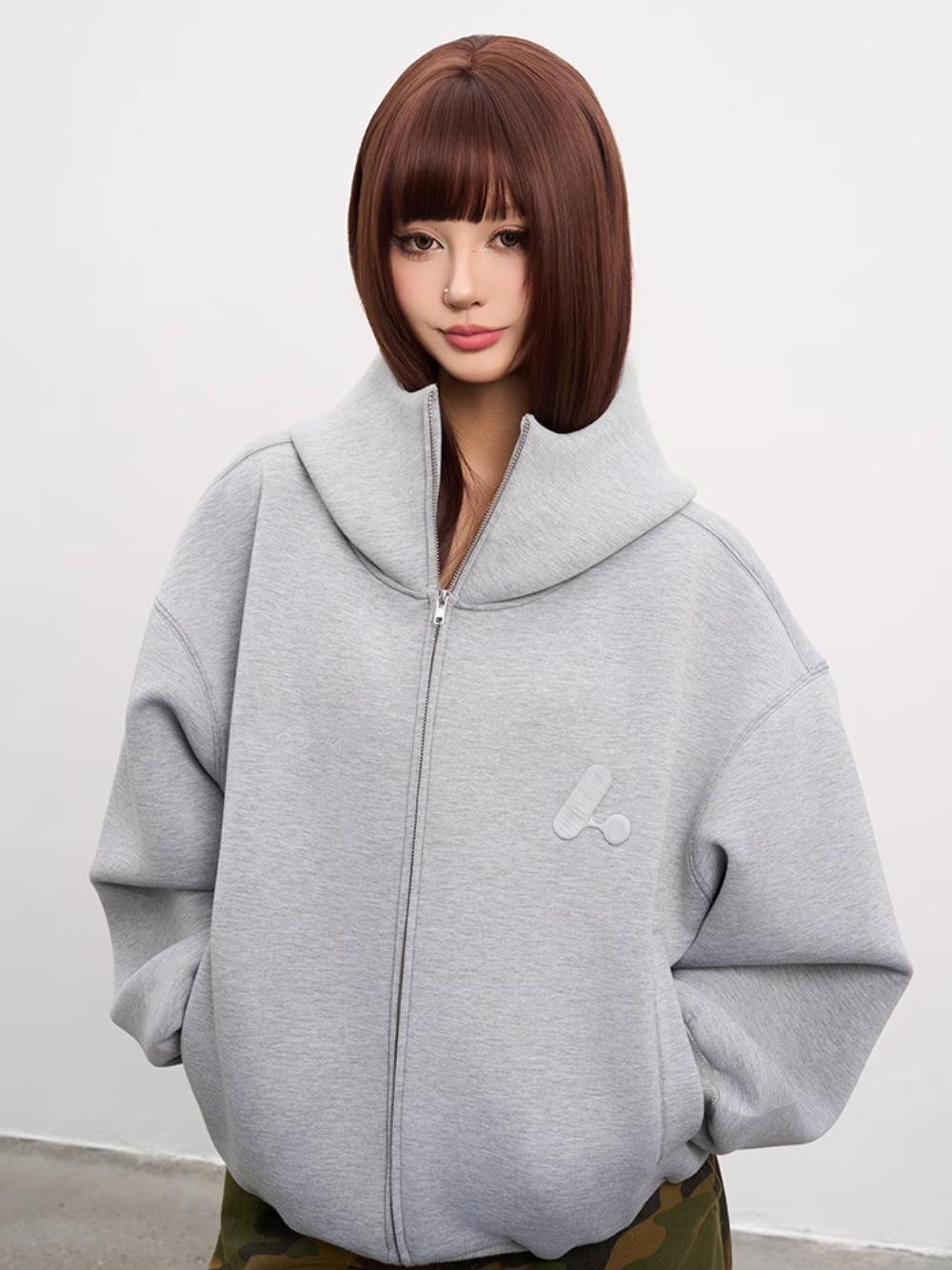 AFGK Air Layer High Collar Embroidered Oversized Zip-Up Hoodie
