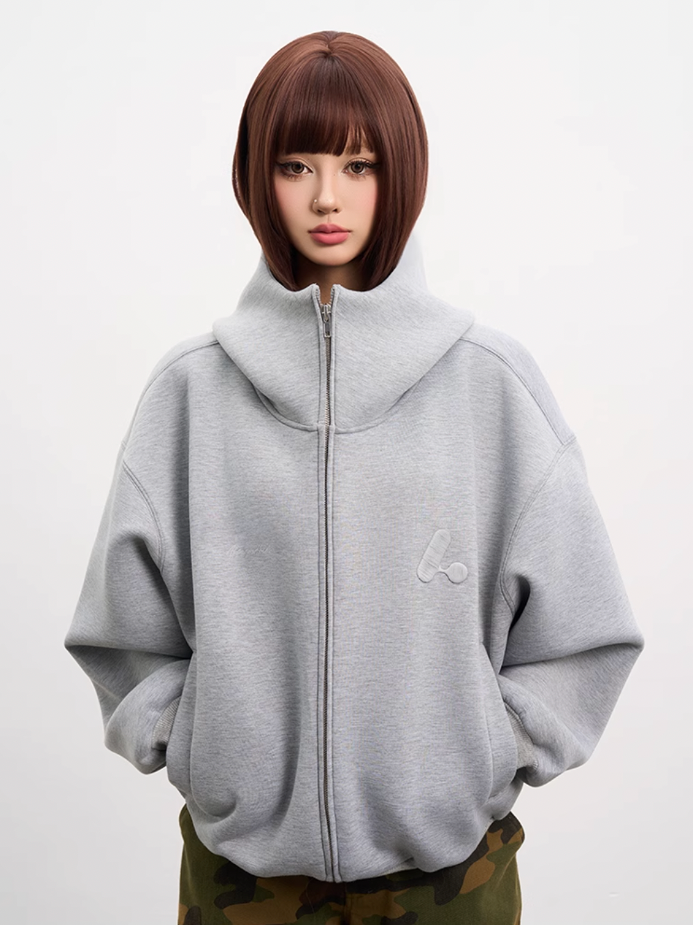 AFGK Air Layer High Collar Embroidered Oversized Zip-Up Hoodie