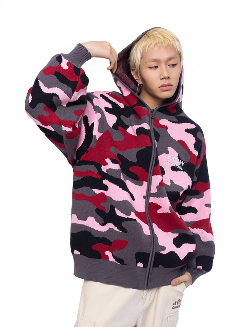AFGK Pink Camouflage Zip-Up Knit Hoodie