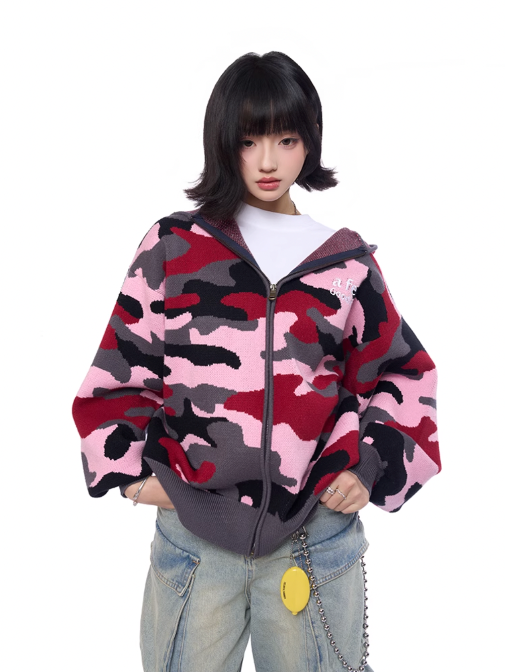 AFGK Pink Camouflage Zip-Up Knit Hoodie