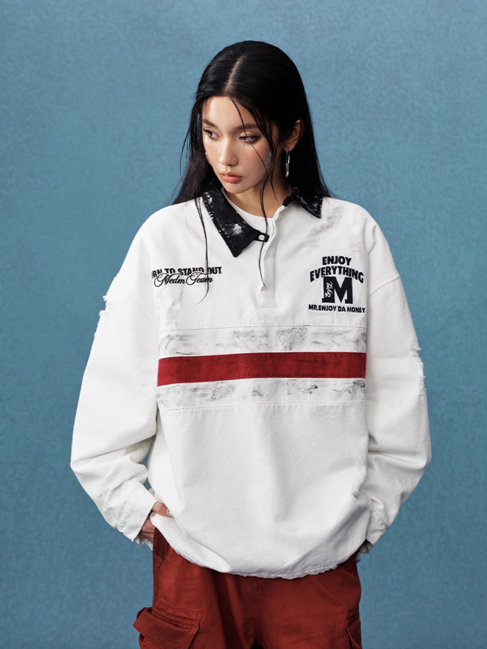 MEDM Asymmetric Collar Stripes Long Sleeve Polo
