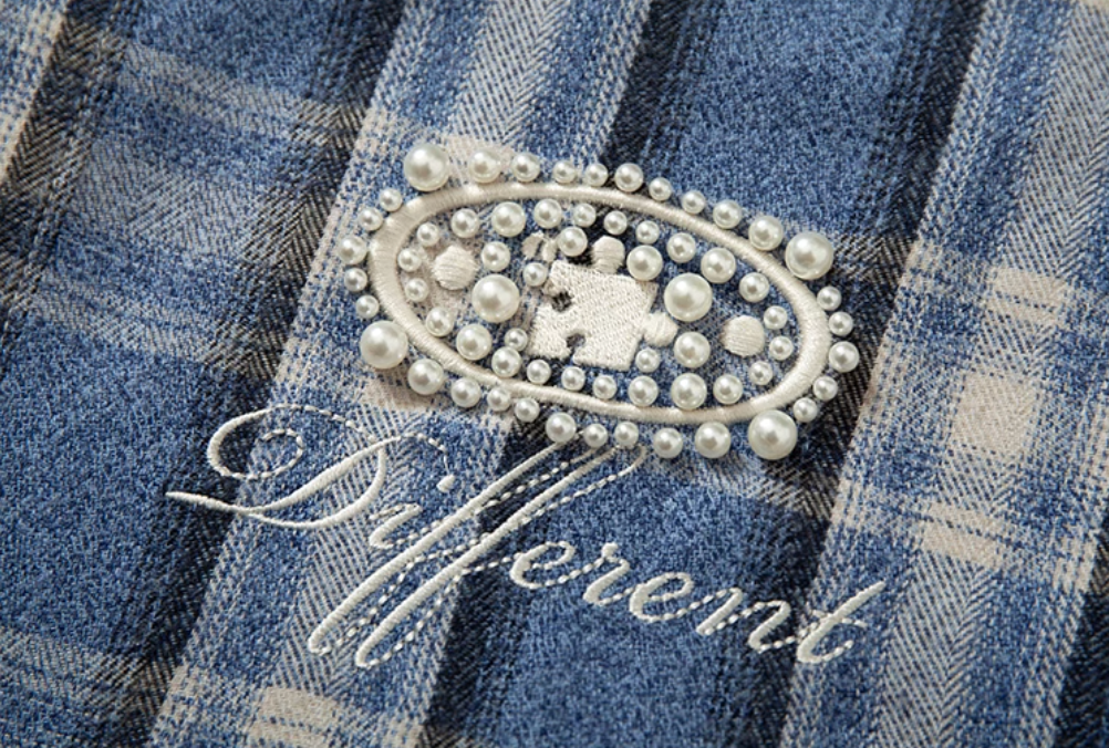 YADcrew Pearl-Embroidered Plaid Long-Sleeve Shirt