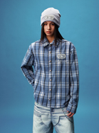 YADcrew Pearl-Embroidered Plaid Long-Sleeve Shirt
