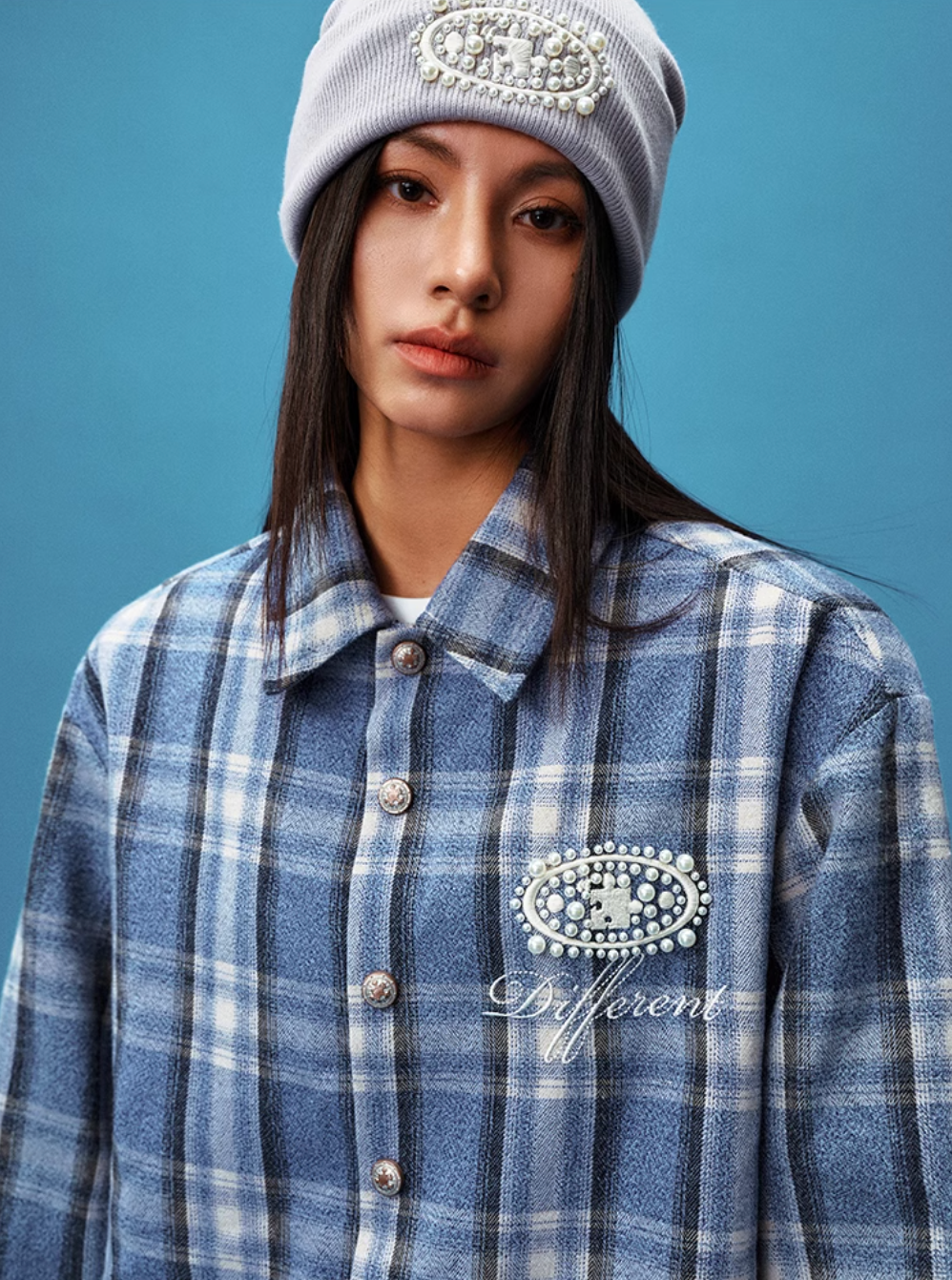 YADcrew Pearl-Embroidered Plaid Long-Sleeve Shirt