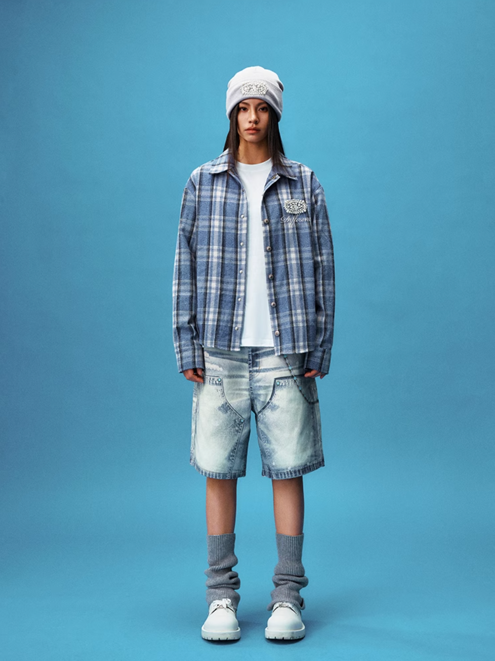 YADcrew Pearl-Embroidered Plaid Long-Sleeve Shirt