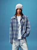 YADcrew Pearl-Embroidered Plaid Long-Sleeve Shirt
