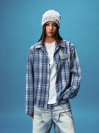 YADcrew Pearl-Embroidered Plaid Long-Sleeve Shirt