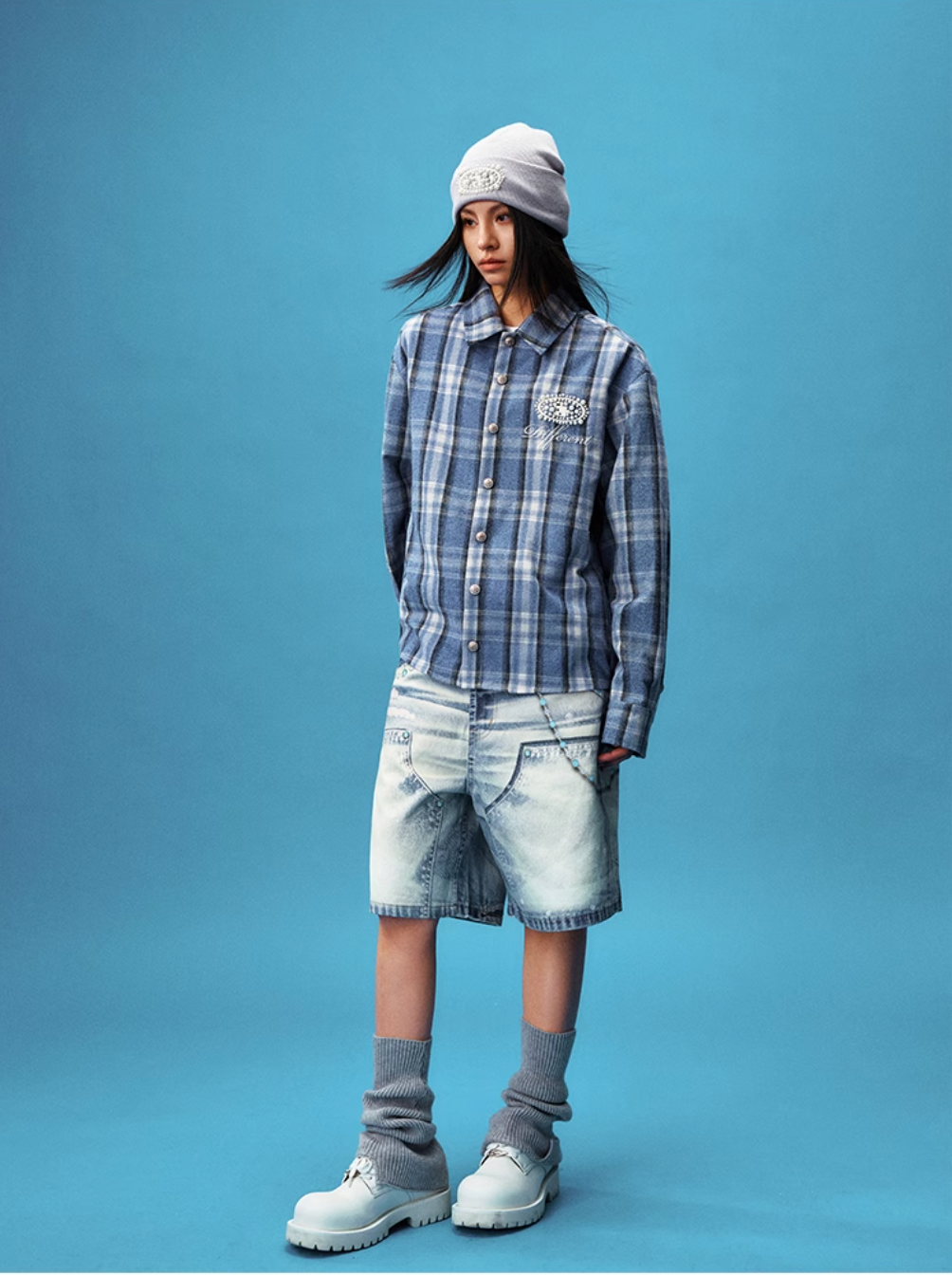 YADcrew Pearl-Embroidered Plaid Long-Sleeve Shirt