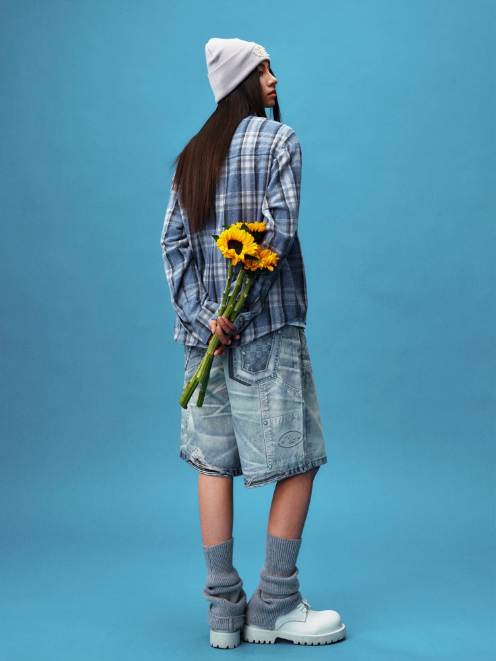 YADcrew Pearl-Embroidered Plaid Long-Sleeve Shirt