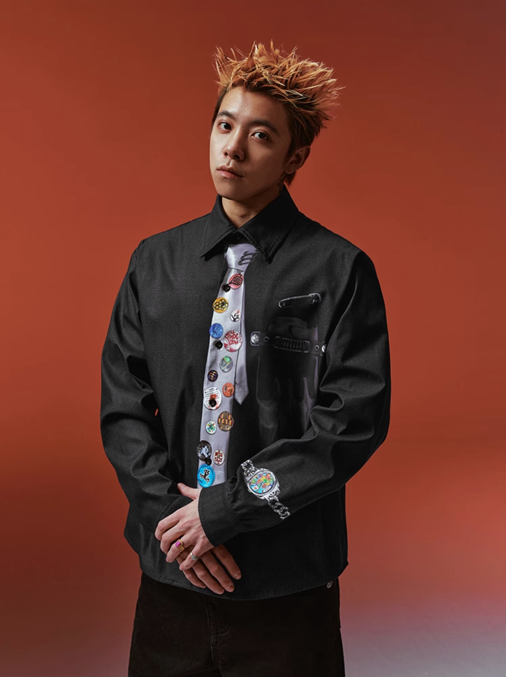 YADcrew 3D-Printed Tie & Badge Long-Sleeve Shirt