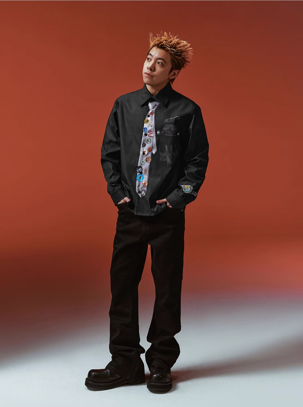 YADcrew 3D-Printed Tie & Badge Long-Sleeve Shirt