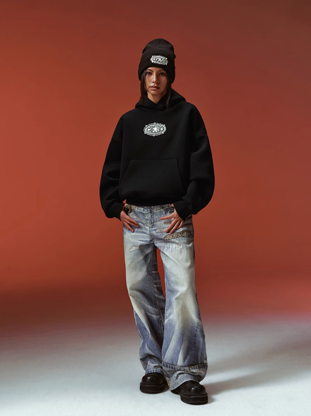 YADcrew Pearl and Embroidered Logo Puzzle Hoodie
