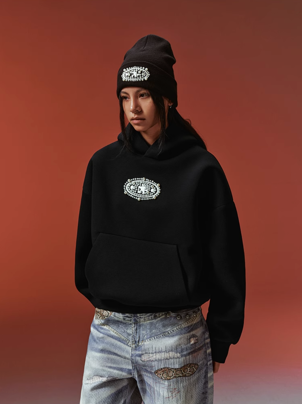 YADcrew Pearl and Embroidered Logo Puzzle Hoodie