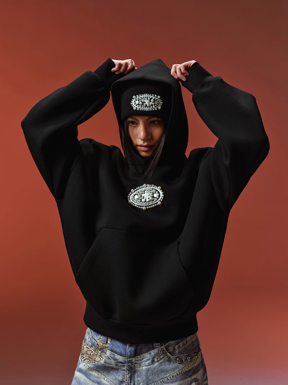YADcrew Pearl and Embroidered Logo Puzzle Hoodie