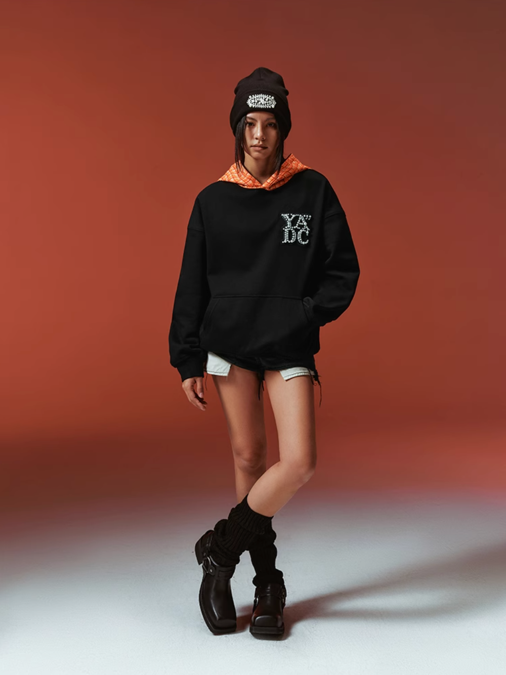 YADcrew Twisted Plaid Hood Pearl Leather Logo Hoodie