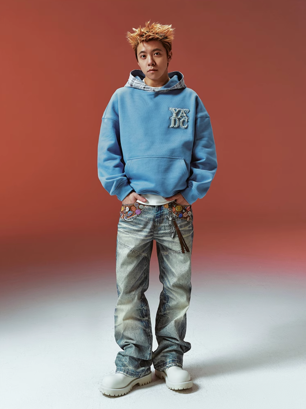 YADcrew Twisted Plaid Hood Pearl Leather Logo Hoodie