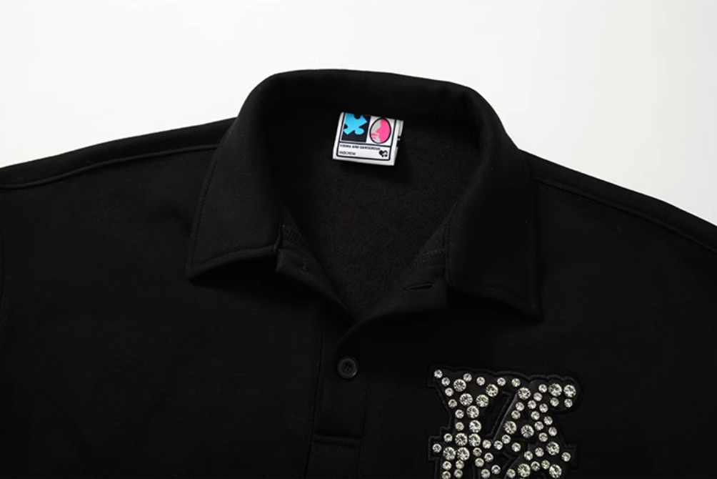 YADcrew Diamond-Studded Leather Logo Polo Sweatshirt