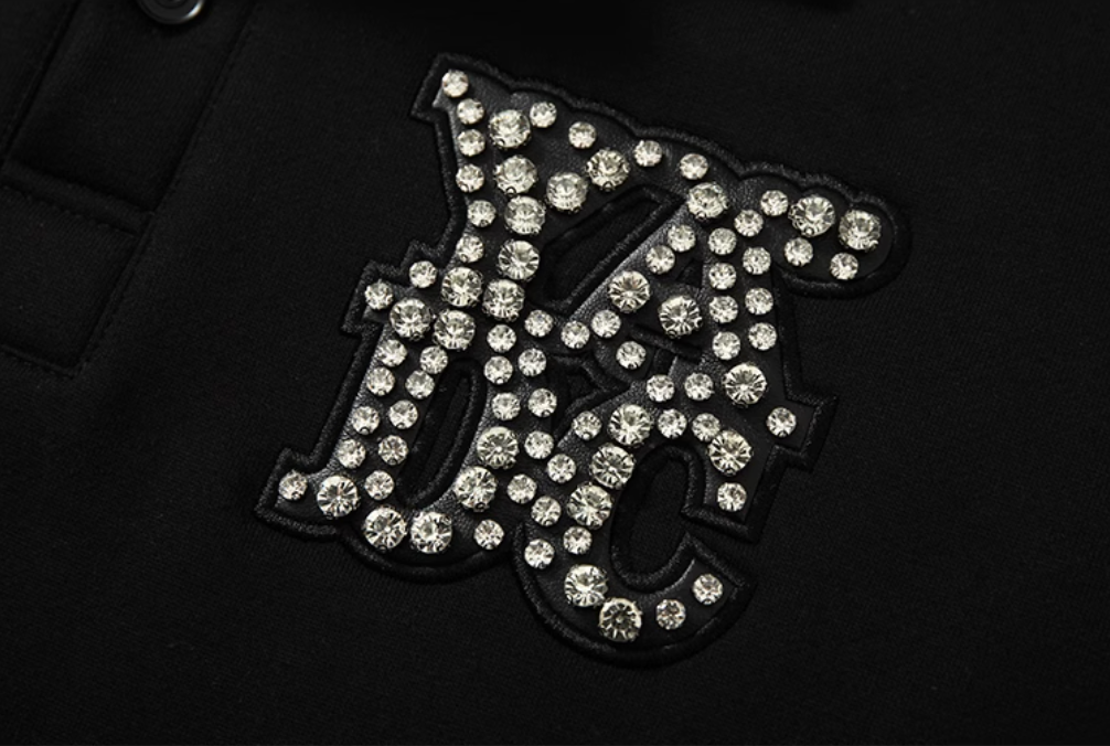 YADcrew Diamond-Studded Leather Logo Polo Sweatshirt