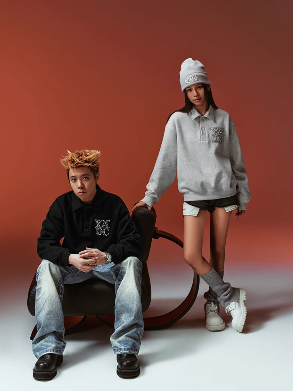 YADcrew Diamond-Studded Leather Logo Polo Sweatshirt