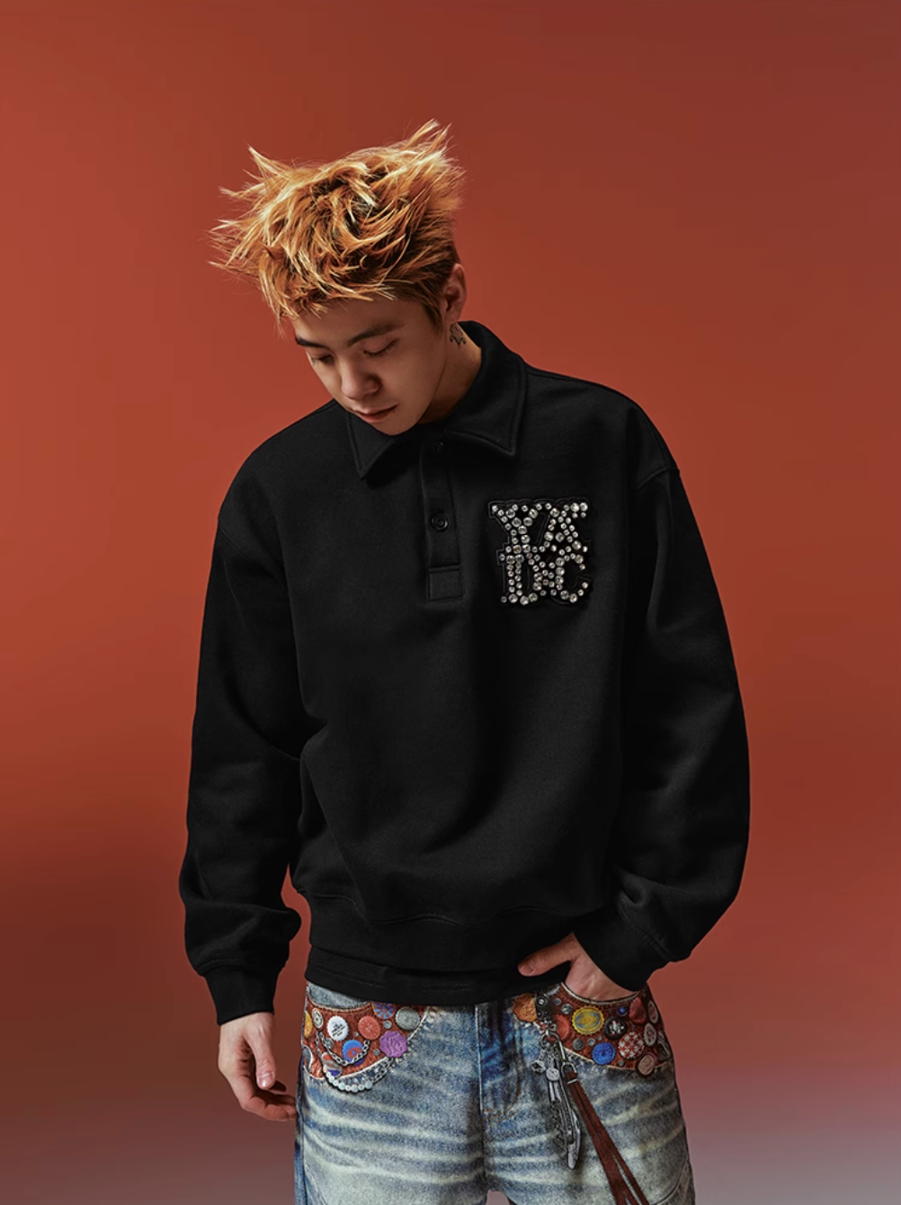 YADcrew Diamond-Studded Leather Logo Polo Sweatshirt