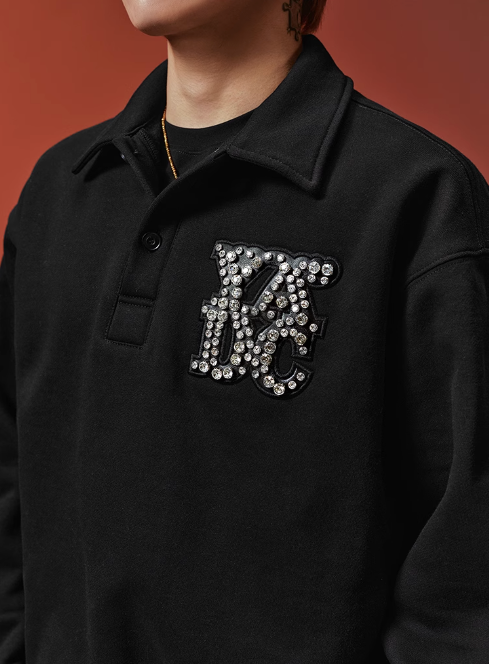 YADcrew Diamond-Studded Leather Logo Polo Sweatshirt