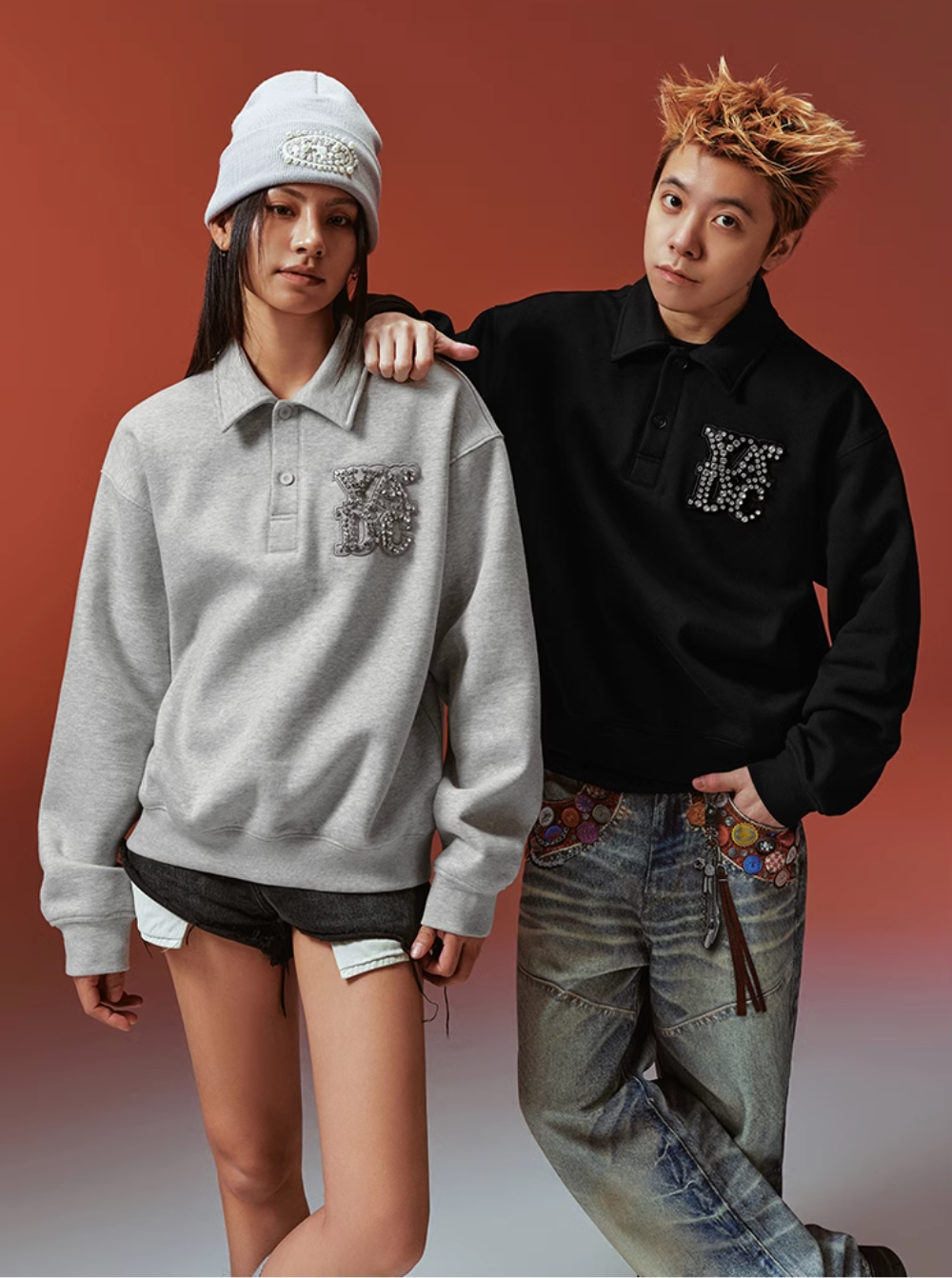 YADcrew Diamond-Studded Leather Logo Polo Sweatshirt