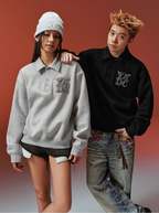 YADcrew Diamond-Studded Leather Logo Polo Sweatshirt