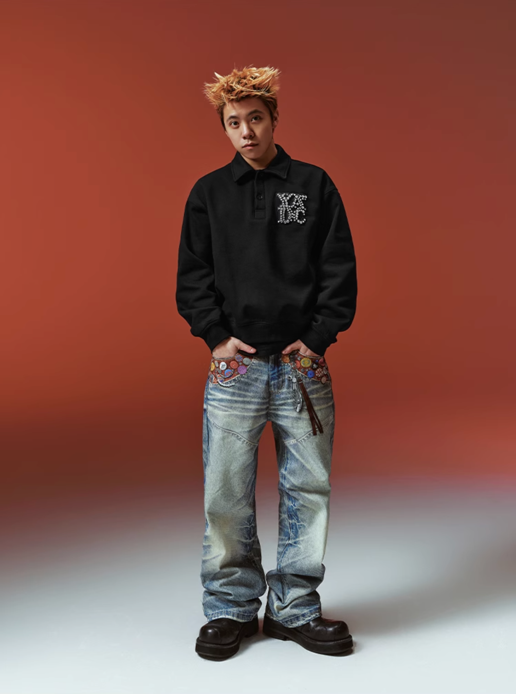YADcrew Diamond-Studded Leather Logo Polo Sweatshirt