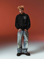 YADcrew Diamond-Studded Leather Logo Polo Sweatshirt
