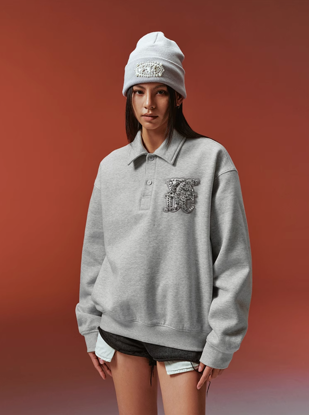 YADcrew Diamond-Studded Leather Logo Polo Sweatshirt