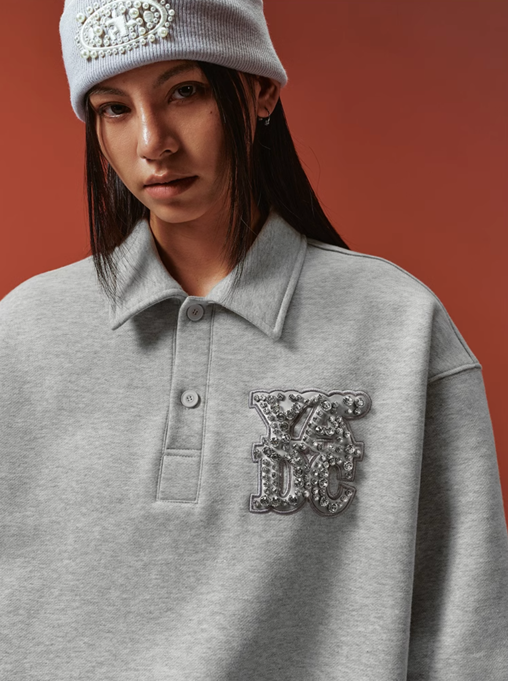 YADcrew Diamond-Studded Leather Logo Polo Sweatshirt