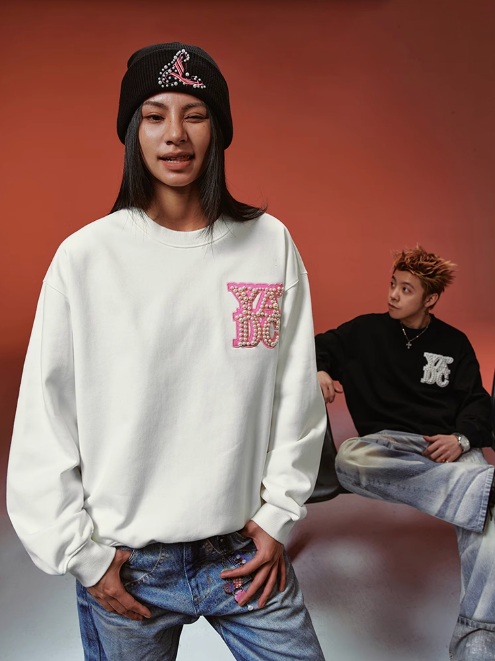 YADcrew Pearl Leather Logo Sweatshirt