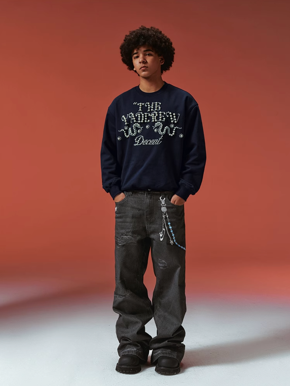 YADcrew Pearl-Embellished Snake Shadow Pattern Sweatshirt