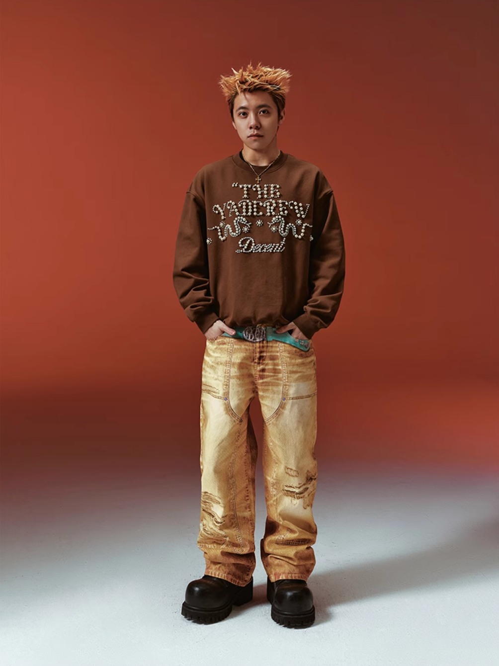 YADcrew Pearl-Embellished Snake Shadow Pattern Sweatshirt