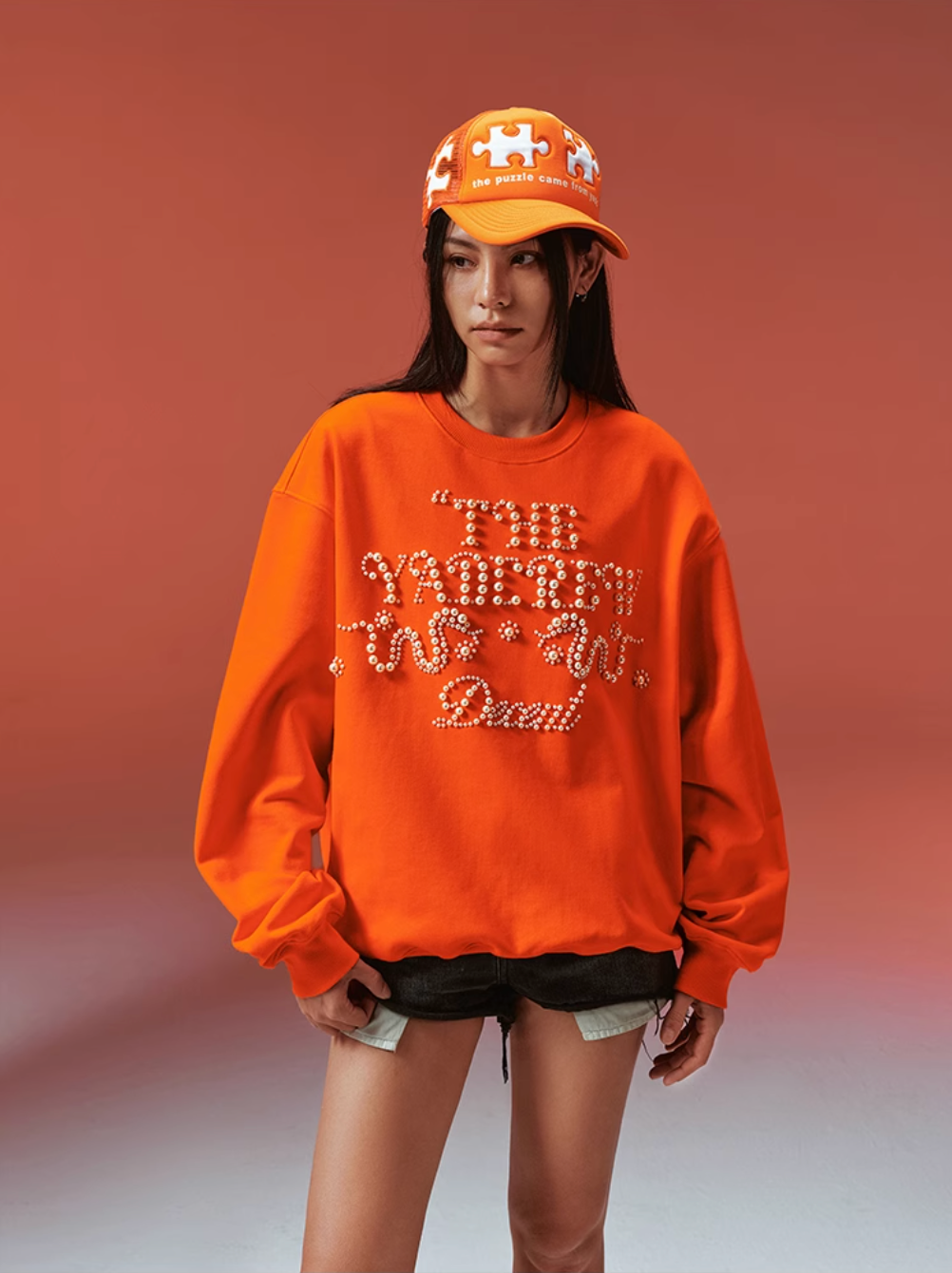 YADcrew Pearl-Embellished Snake Shadow Pattern Sweatshirt