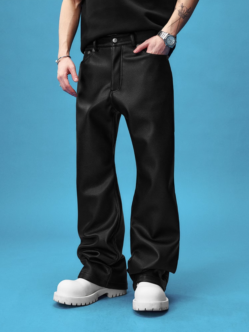 YADcrew Leather Rivet Flare Pants