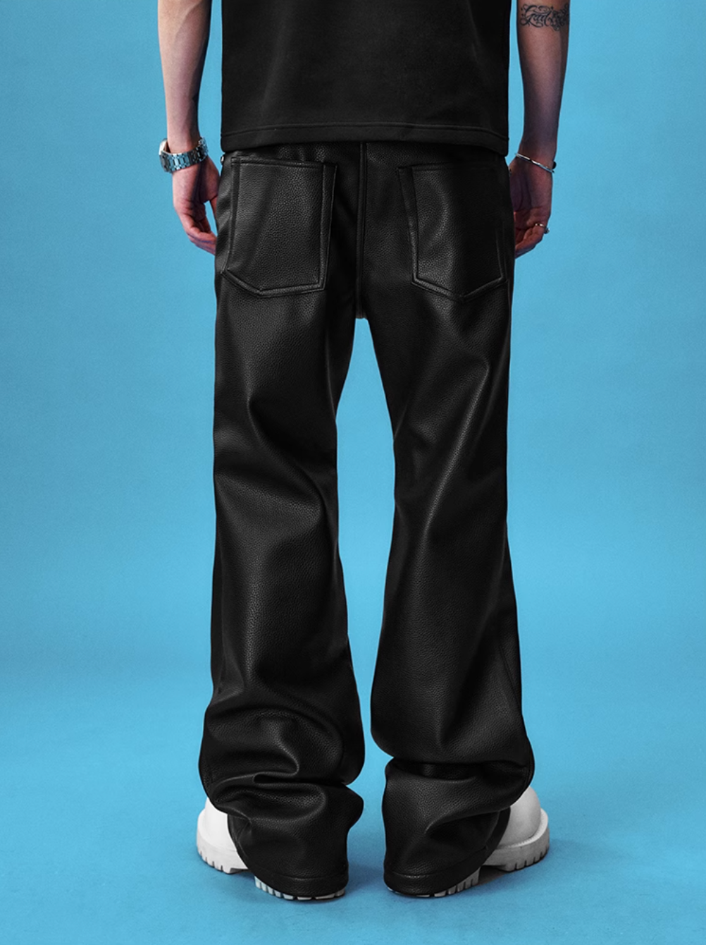 YADcrew Leather Rivet Flare Pants