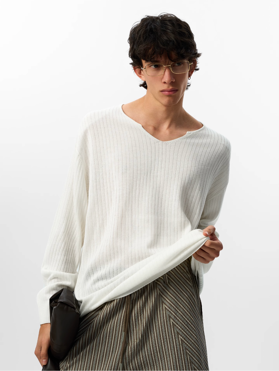 JHYQ Lightweight Striped V-neck Jacquard Knit Sweater