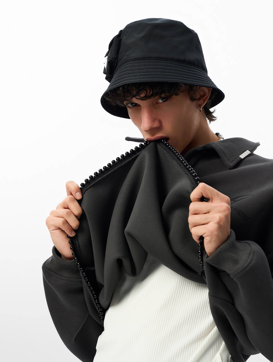 JHYQ Beaded Hem Polo-Collared Cropped Sweatshirt