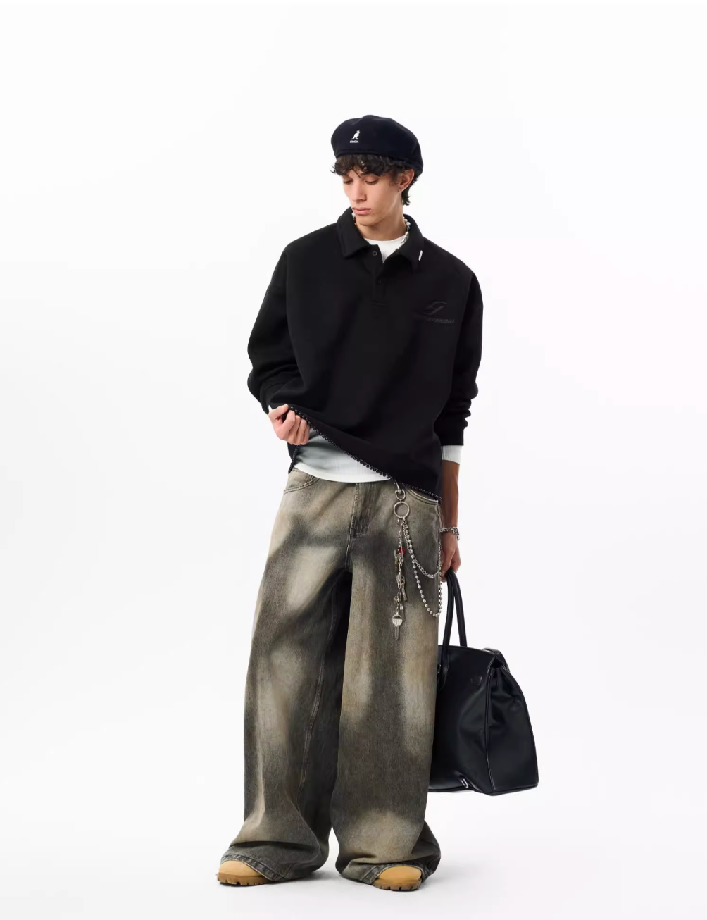 JHYQ Beaded Hem Polo-Collared Cropped Sweatshirt