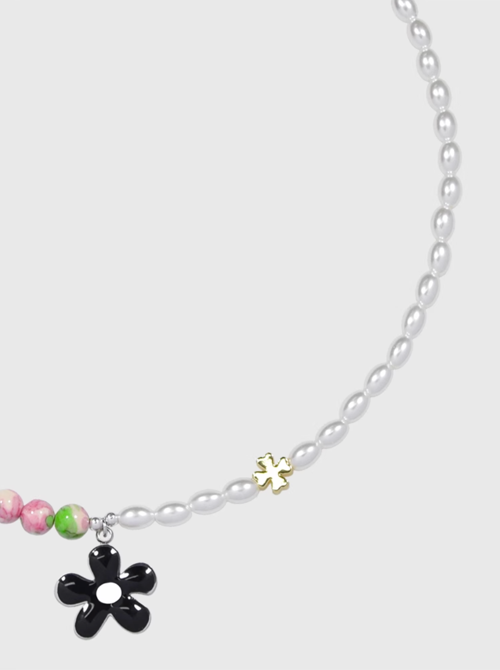 AWE Black Sunflower Pendant Stone Pearl Chain Necklace