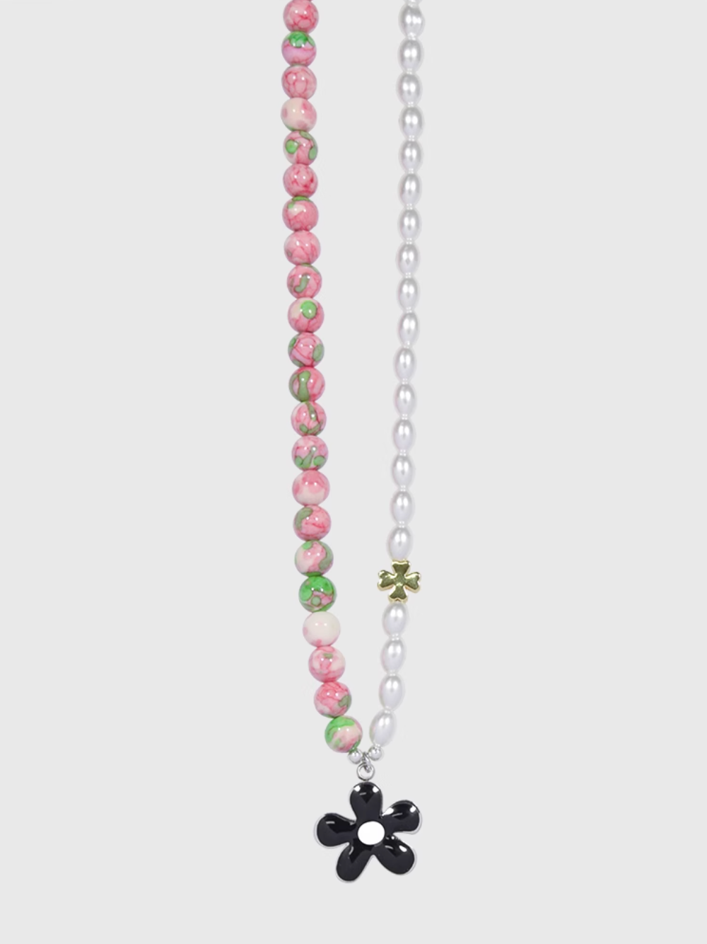 AWE Black Sunflower Pendant Stone Pearl Chain Necklace