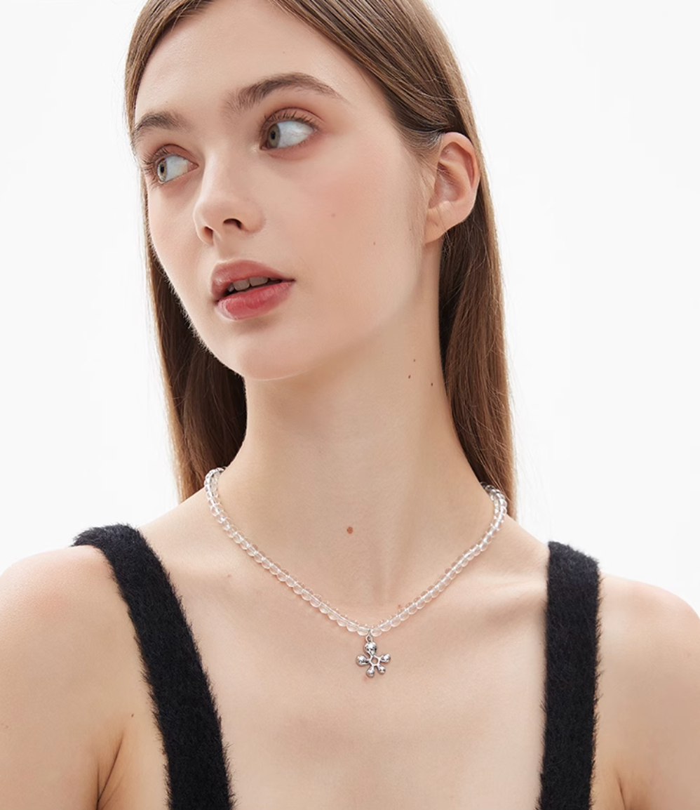 AWE Silver Irregular Flower Crystal Beaded Necklace