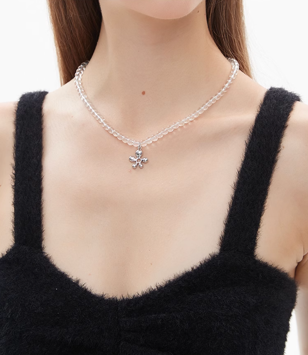 AWE Silver Irregular Flower Crystal Beaded Necklace