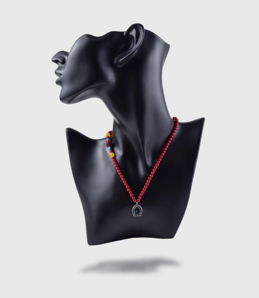 AWE Copper Box Pendant Red Beaded Necklace