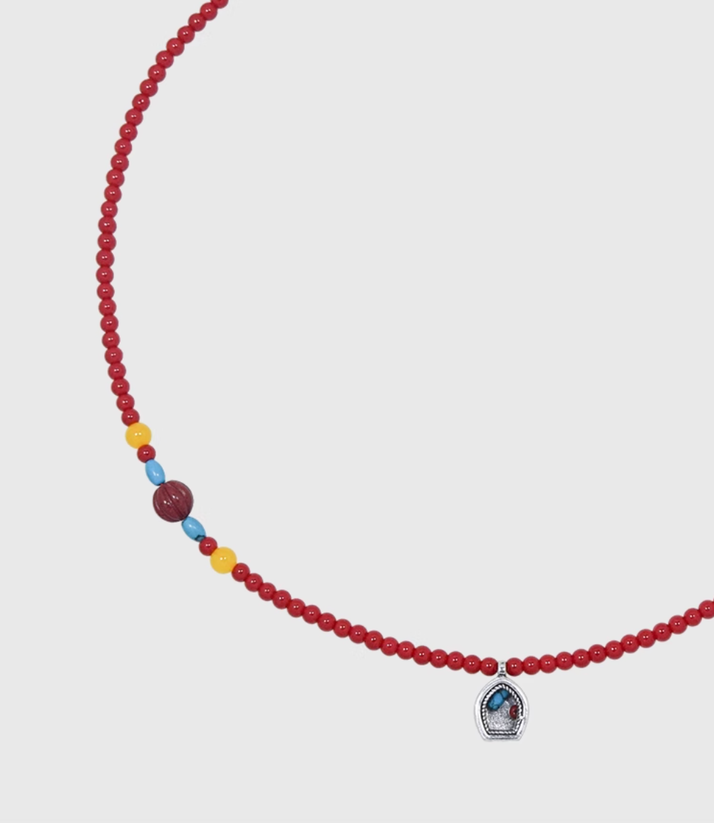 AWE Copper Box Pendant Red Beaded Necklace